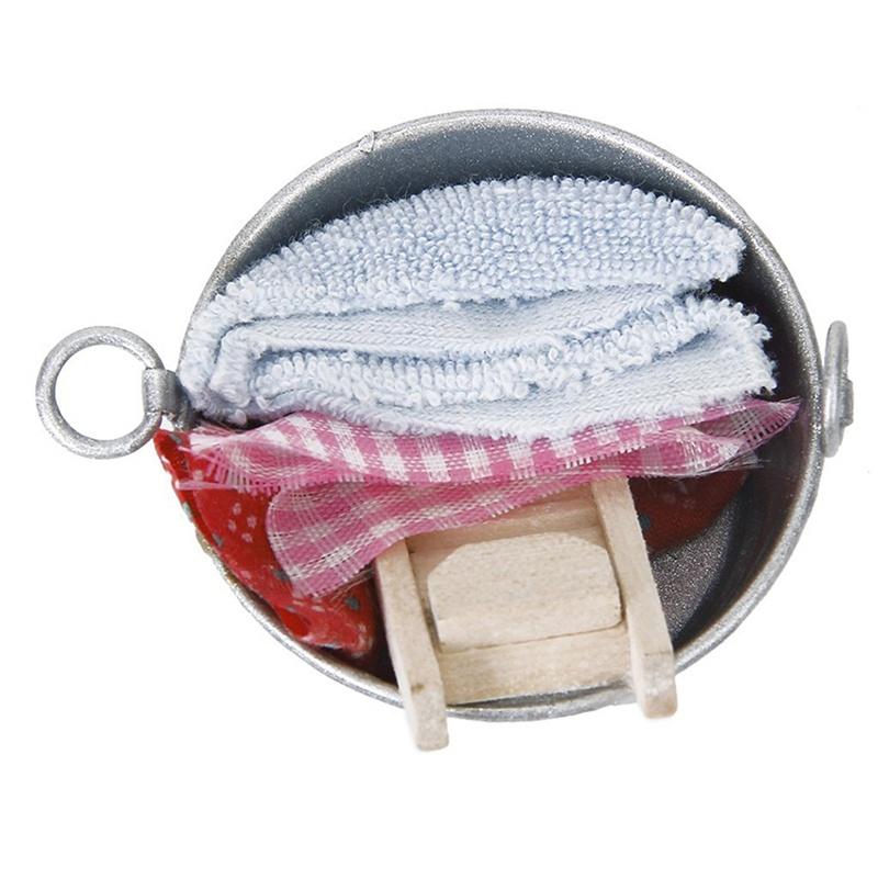 New Dollhouse Miniature Laundry Tub with Wooden Washboard Towel Set TS