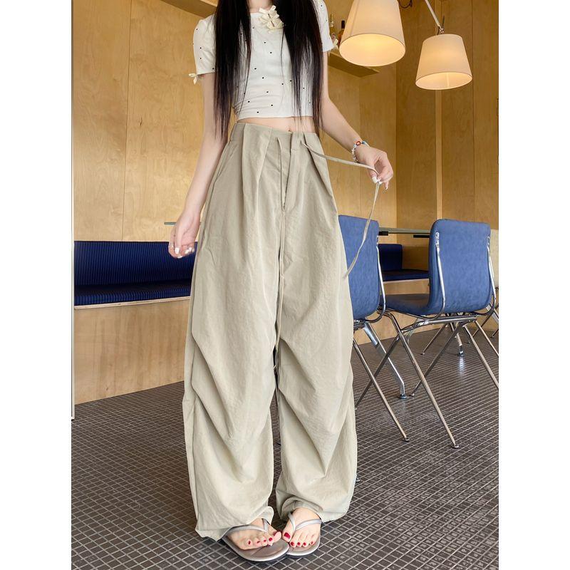 Kumikumi Idle Style White Drawstring Drape All-Matching Casual Pants Women Fall High Waist Slim Looking Loose Pants Pants