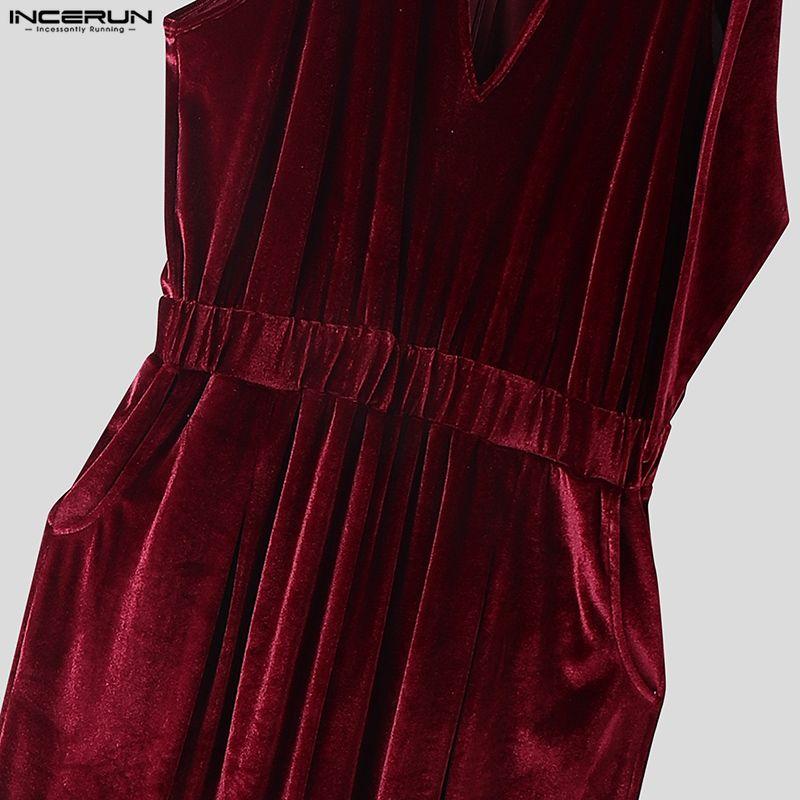 INCERUN Men Lacing Neck Sleeveless Solid Velvet Party Long Rompers Jumpsuits