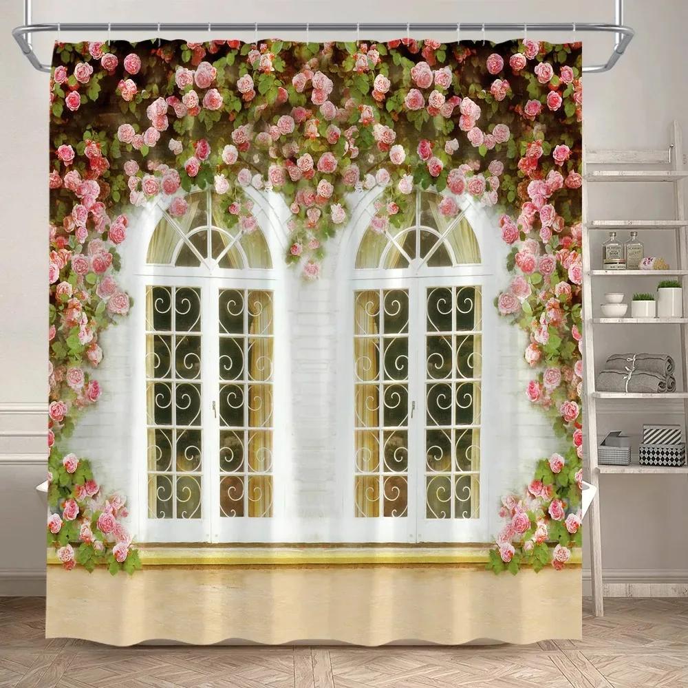 Zaun Blumen Duschvorhänge Blau Fenster Natur Floral Pflanzen Landschaft Modern Garten Wandbehang Zuhause Badezimmer Dekor mit Haken