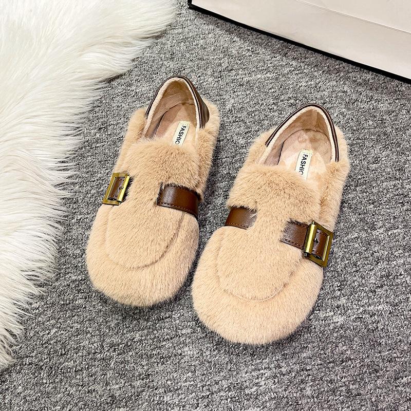 Soft-soled Fluffy Shoes Women's 2025 New Autumn and Winter Korean Version Round Head Velvet Cotton Shoes One Pedal Doudou Shoes Cotton Shoes Women's