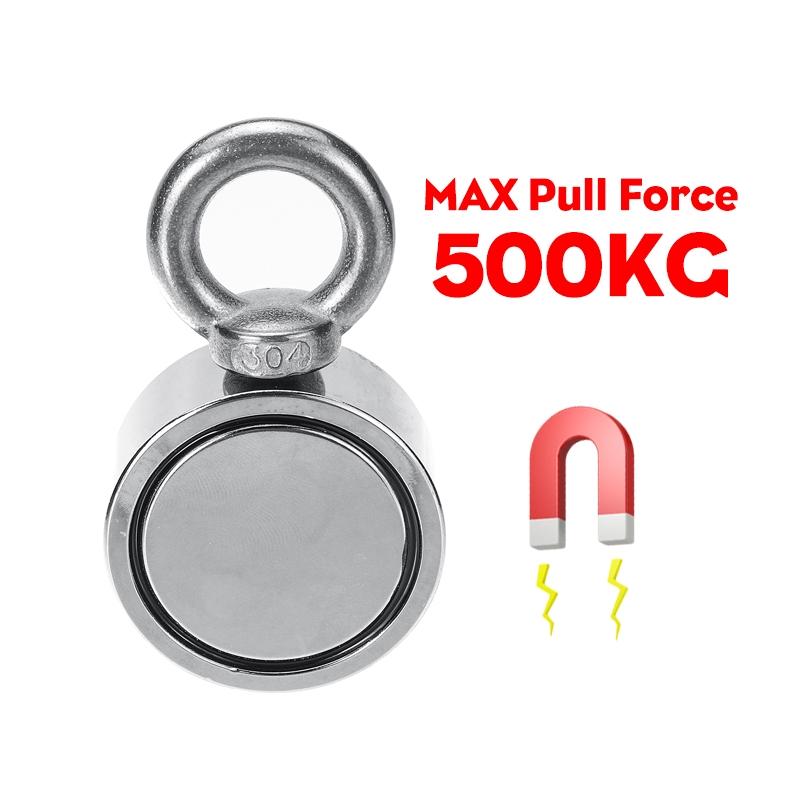 75mm 500KG Double-sided Fishing Magnets Round Hook Salvage Magnet Sea Fishing Equipments Holder with Ring 10M Rope