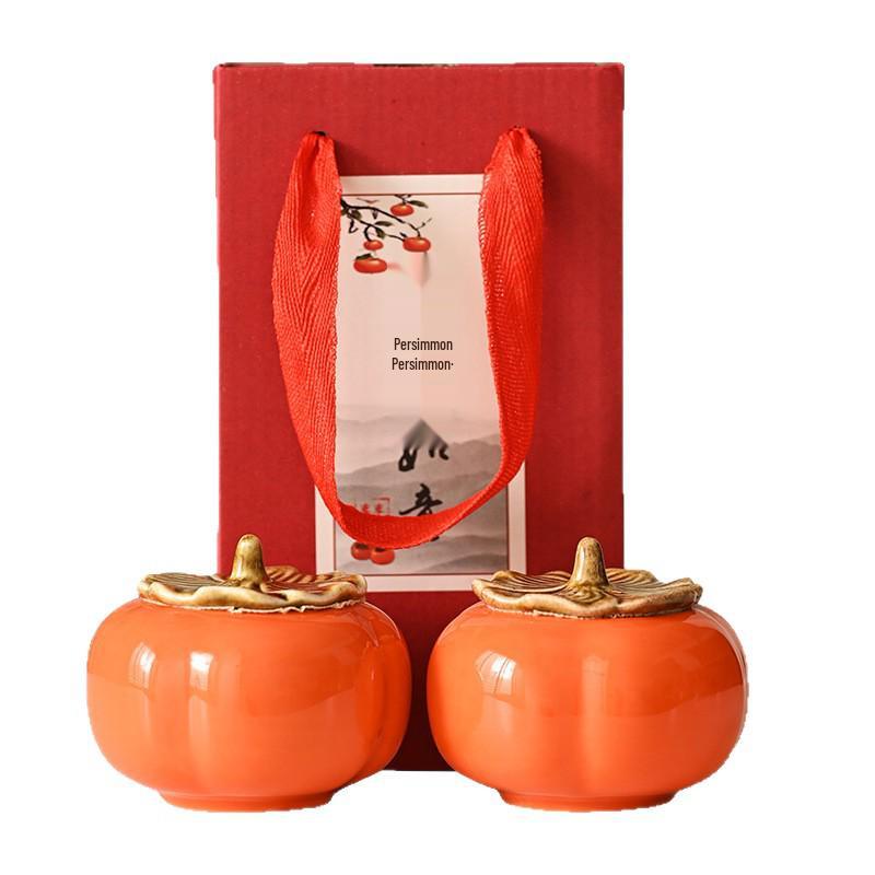 Charming Persimmon Ruyi Ceramic Tea Box & Mini Candy Jar Gift Set