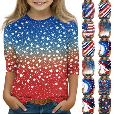 Print Tops For Youth Girls 3-10 Years Round Neck 3/4 Sleeves T-Shirts Trendy Tops Outfit Tees