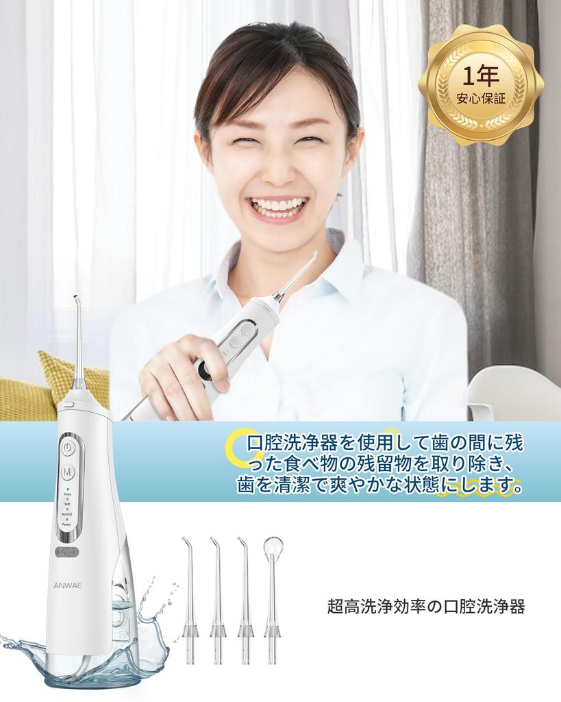 ANWALE Oral Irrigator Jet Washer with 4 Replacement Nozzles, 4 Water Flow Modes, 310ml Tank, USB Rechargeable, IPX7 Waterproof, White
