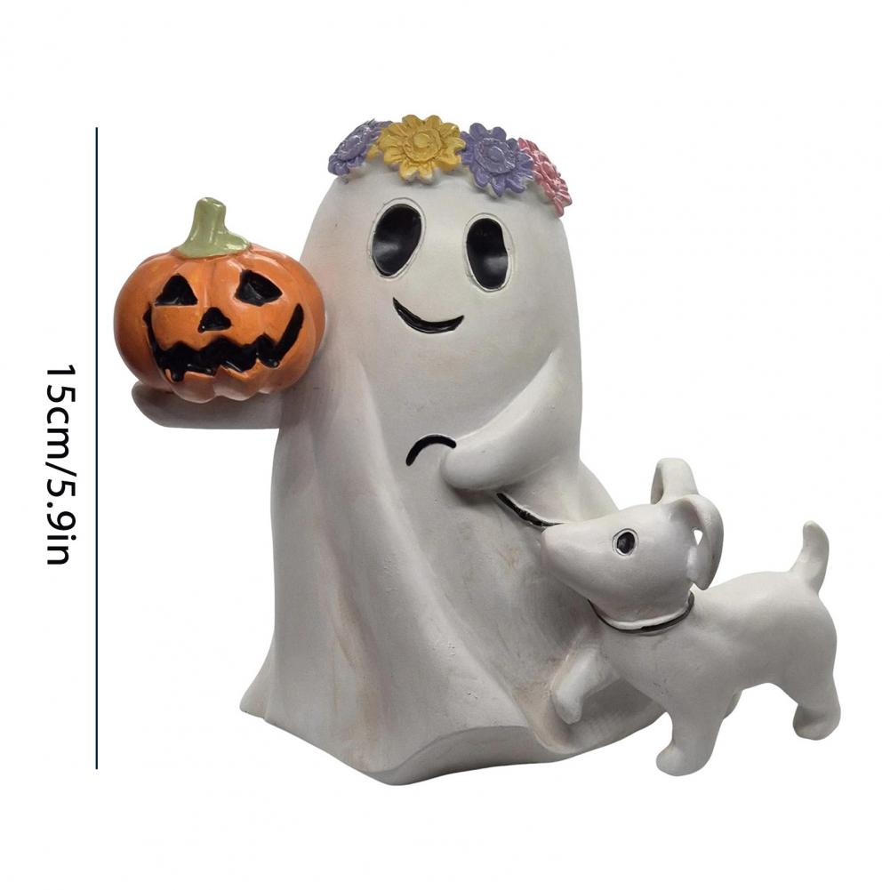 Halloween Puppy Decoration Ghost Dog Figurine Spooky Ghost Dog Halloween Decor Set Cute Resin Ghost Statue with Pumpkin