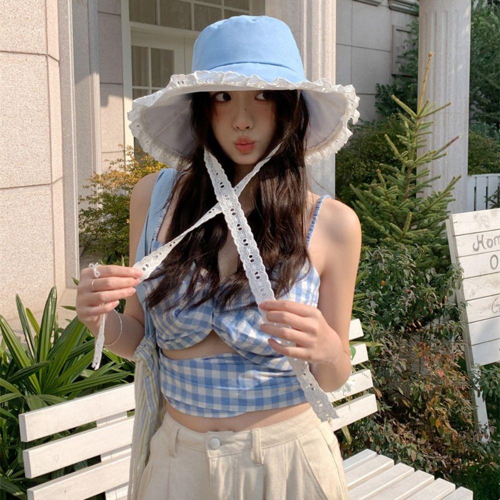 Sweet Lace Ribbon Hat French Style Women's Sun Hat Fashion Cowboy Fisherman Hat  Spring Summer