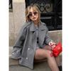 Womens French Style Gray Wool Blend Blazer 2026 Elegant Loose Mid-Length Coat Office Commute