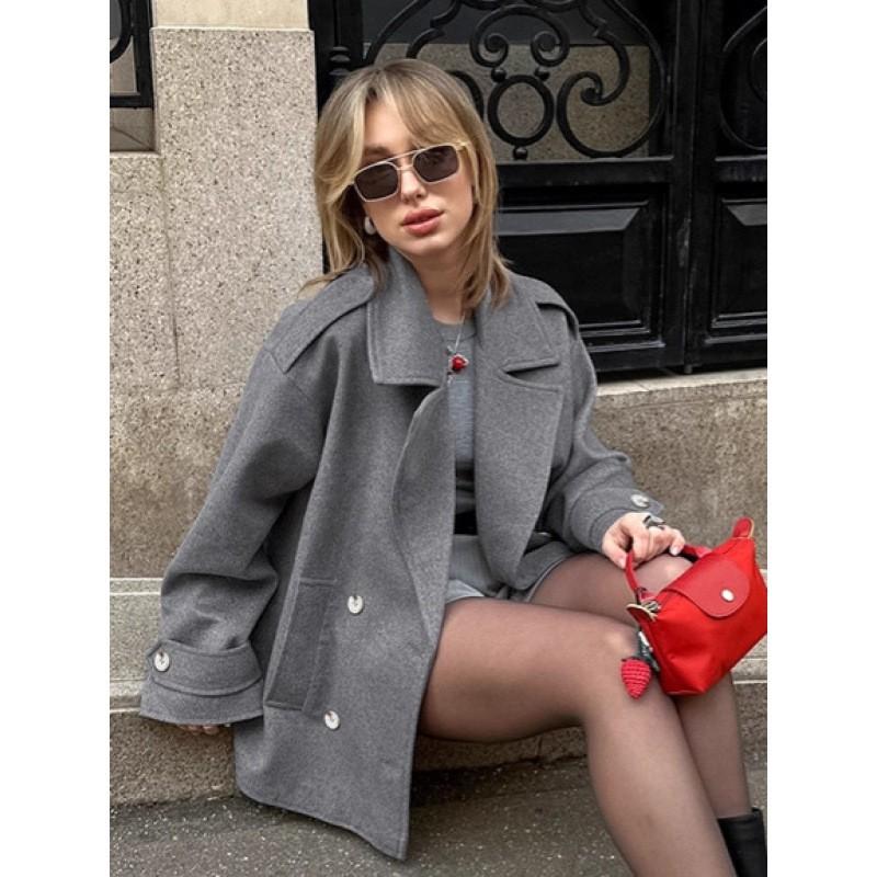 Womens French Style Gray Wool Blend Blazer 2026 Elegant Loose Mid-Length Coat Office Commute