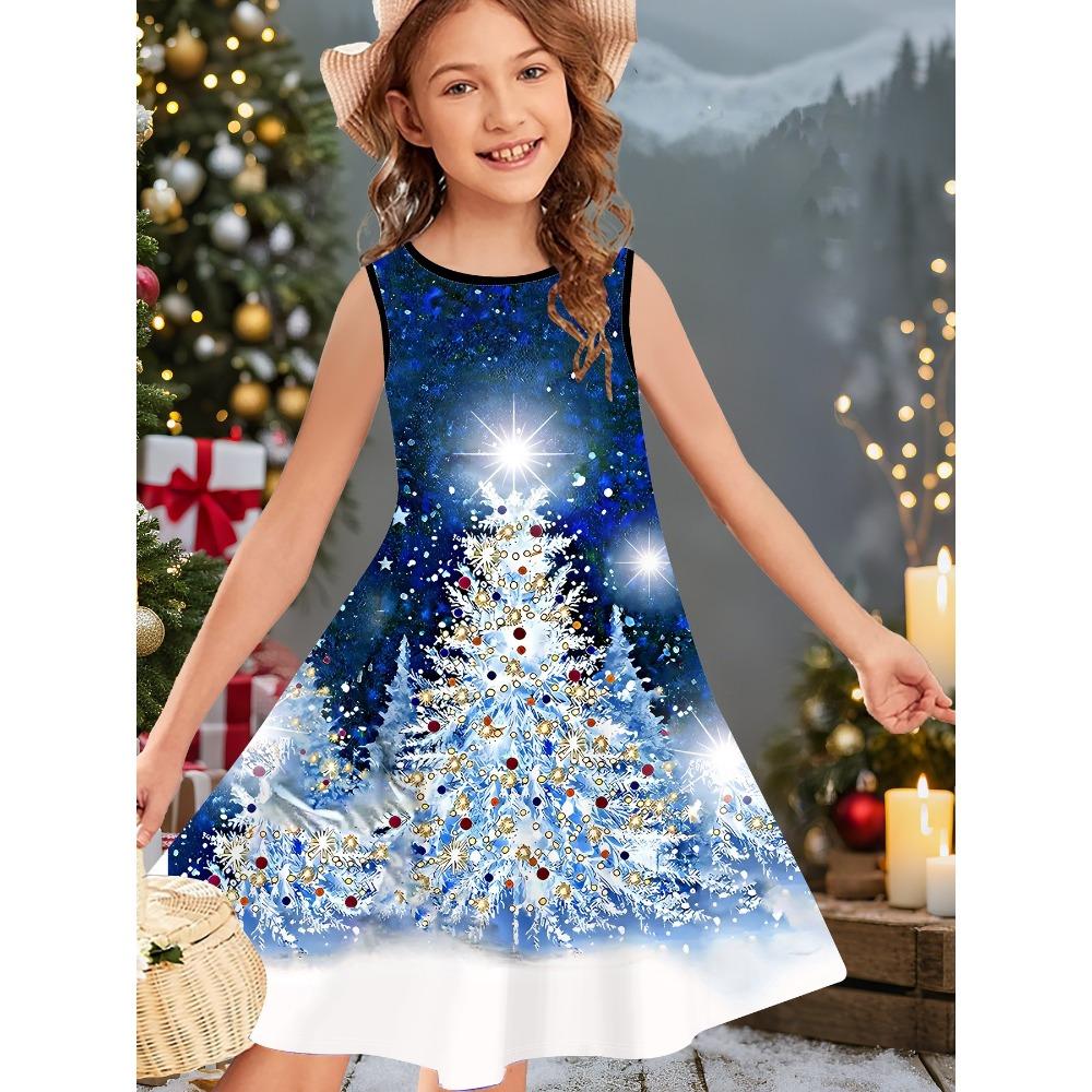 Girl's Summer Cute Christmas Print Sleeveless Vest Dress Fashionable Round Neck Casual Comfortable Soft Breathable Mini Dress