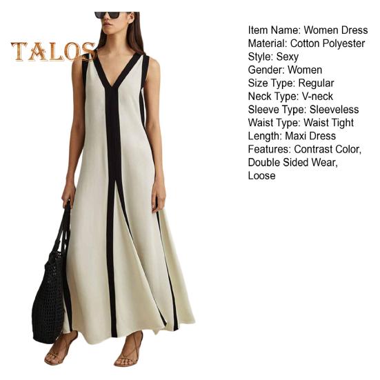 Women Maxi Dress V-Neck Sleeveless Contrast Color Loose Fit Long Dress Double Sided Wear Holiday Travel Dress