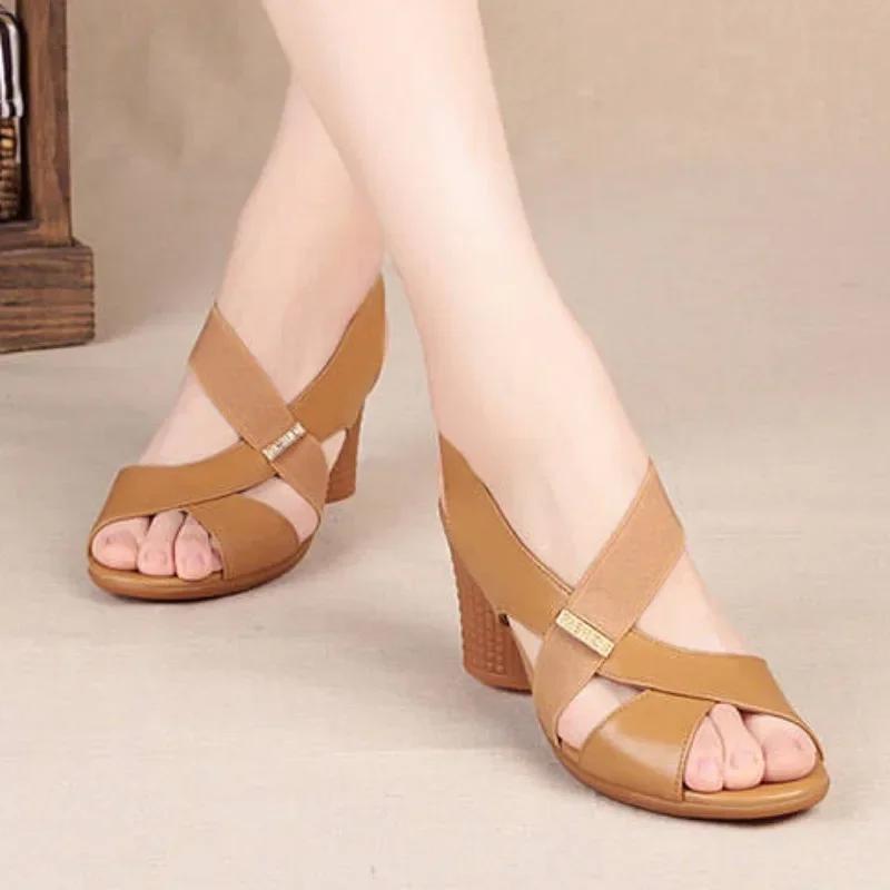 fashion 2024 New Shoes for Women Peep Toe Women's Sandals Fashion Office Sandals Women Round Toe Slip-on Chunky Heel Rome Ladies Shoes