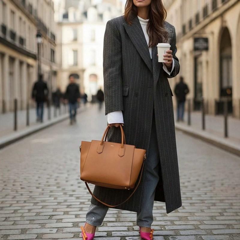 Womens Oversized Long Wool Blend Coat With Striped Notched Lapel Double-Breasted Button Streetwear Chic Style