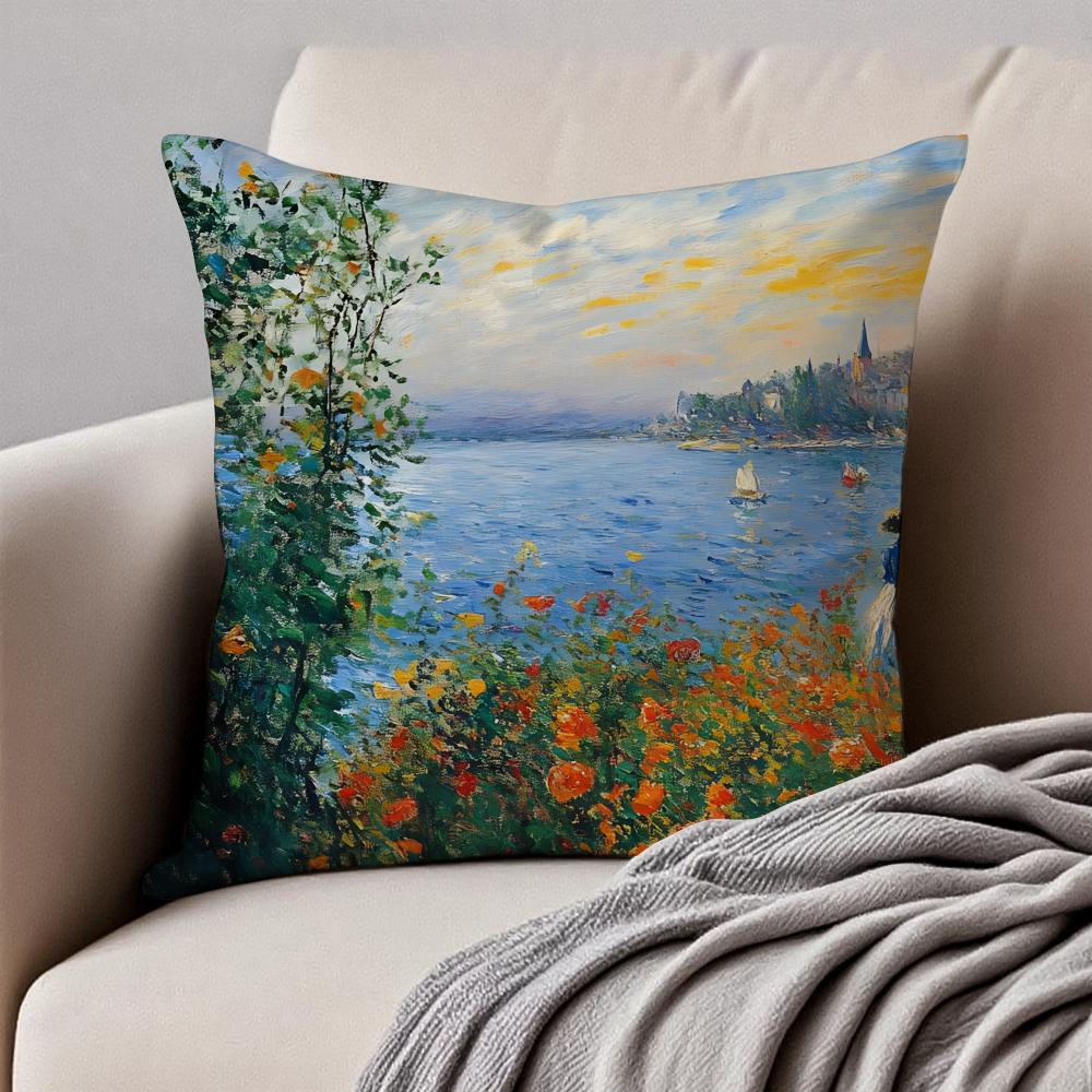 Famous Classic Oil painting Art CClaude Monet Cushion Cover Pillowcase Antidustmite Invisible Zipper Short Plush Sofa Cushion