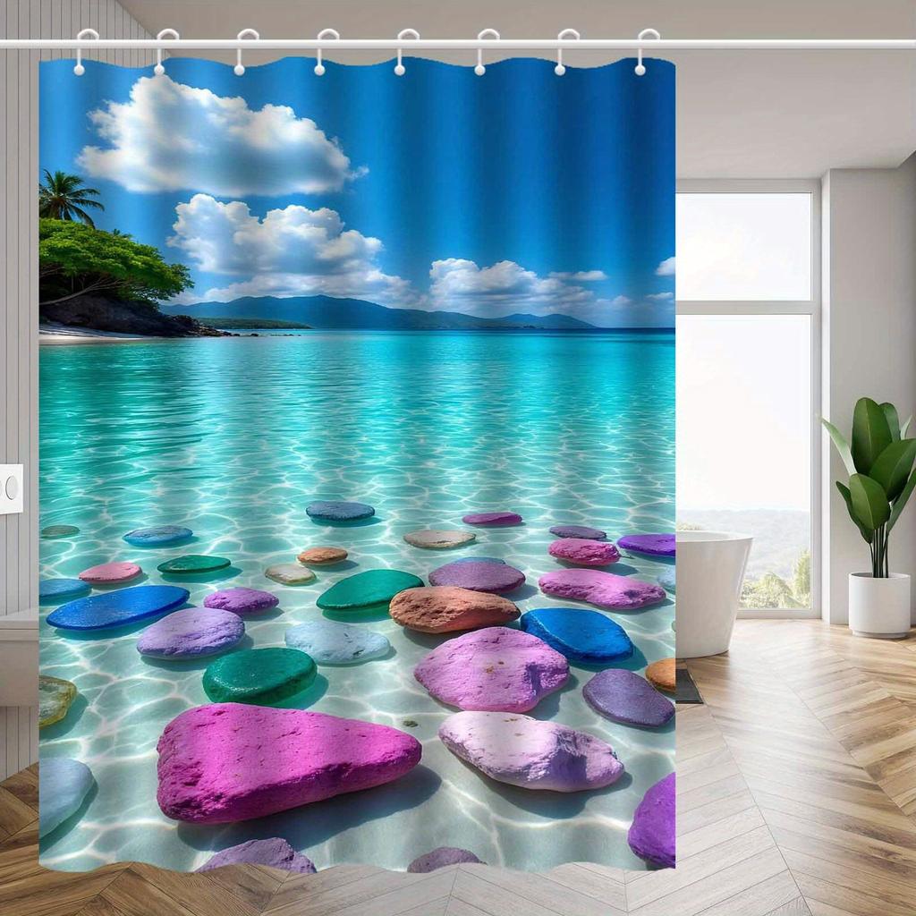 Beautiful Tropical Beach Shower Curtain Colorful Rocks In Clear Water Ocean View Nature Art Vacation Decor Waterproof Fabric