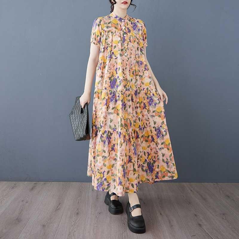 Cotton 2025 Summer Women's Loose Large Size Fashion Printed Long Dresses