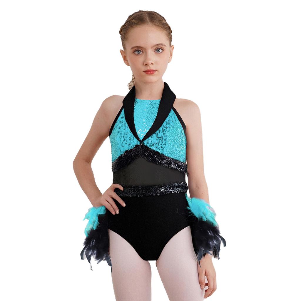 Girls Jazz Dance Dress Turn Down Collar Sleeveless Sheer Mesh Keyhole Back Shiny Sequins Color Block Feather Leotard