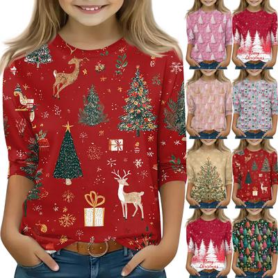 Children's 3/4 Sleeve Tops Casual Christmas Print T Shirt Round Neck Pullover Blouse