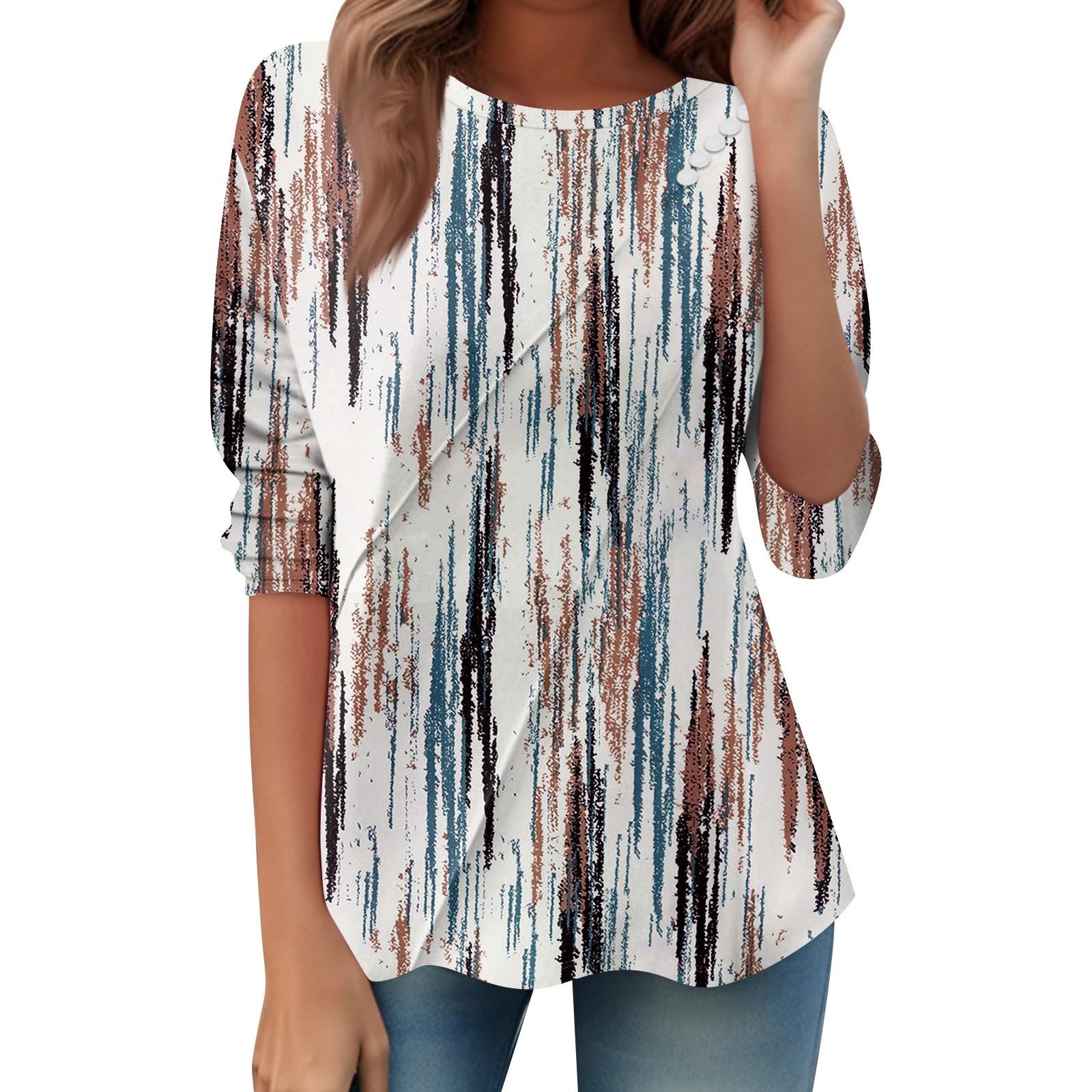 

Women s Loose Casual Long Sleeve Top Round Neck Button Pull Stripe Prints T Shirt S білий