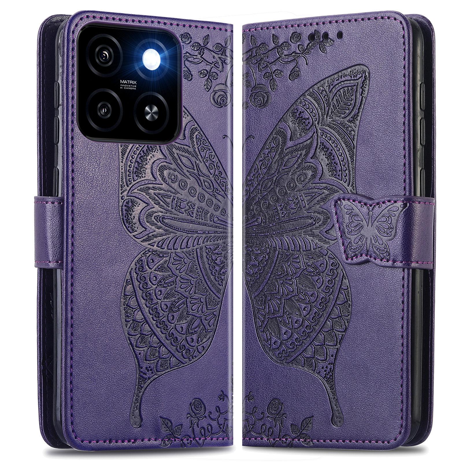 

For ZTE Blade A55 Case PU Leather Wallet Phone Cover Butterfly Pattern Dark Purple