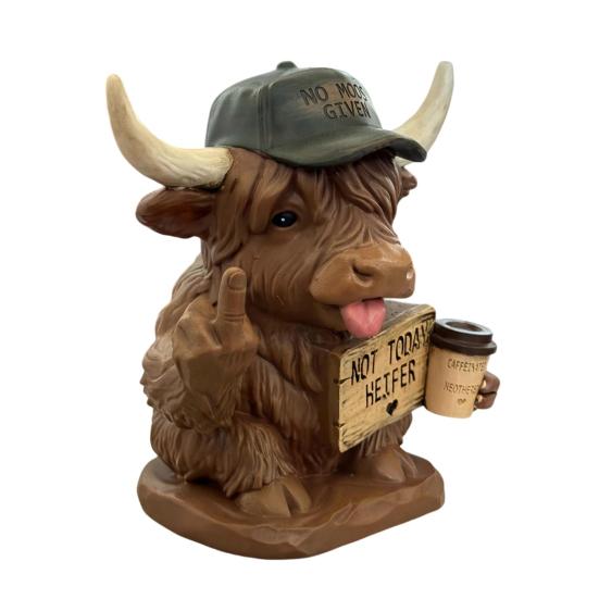 Highland Cow Desk Statue, Funny Middle Finger Cow Figurine with Coffee Cup & Sassy Sign, Cute Farmhouse Desktop Decor, Gag Gift for Coworkers, Office