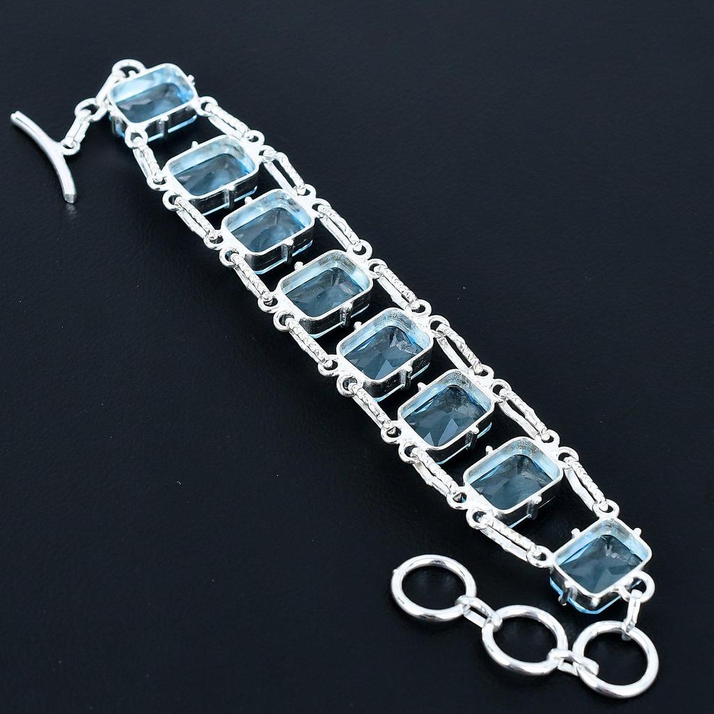 Faceted Aquamarine Bracelet 925 Sterling Silver Jewelry Adjustable Chain Bracelet Cushion Shape Gemstone Handmade Jewelry Gift For Her