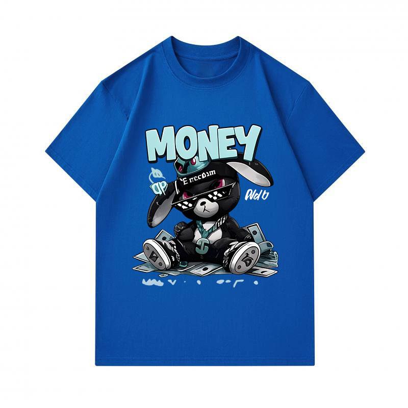 Men's 100% Cotton Crew Neck Short Sleeve T-Shirt, Cool Hip Hop Black Bunny Money Graphic Print Casual Comfortable Streetwear Tee for Daily Wear