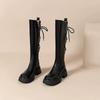 Design Sense Leather Round Toe Platform Knight Boots Women'S Vintage Rear Lace-Up Thick High Heel Thigh Boots
