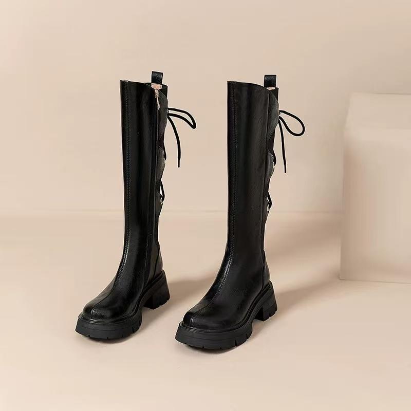 Design Sense Leather Round Toe Platform Knight Boots Women'S Vintage Rear Lace-Up Thick High Heel Thigh Boots