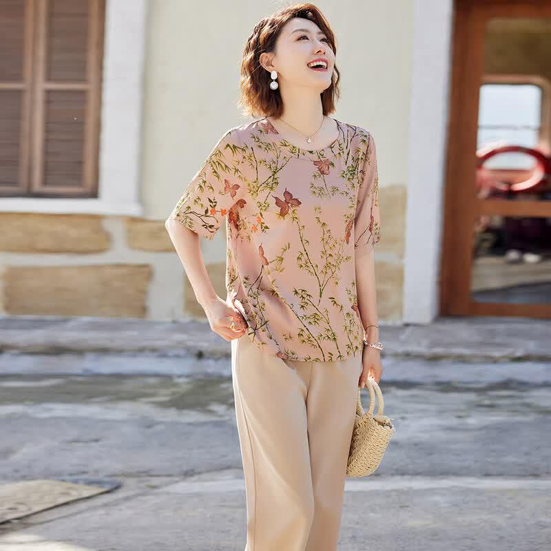 Pastel New Chinese Style Summer Two-Piece Outfit for Middle-Aged Women