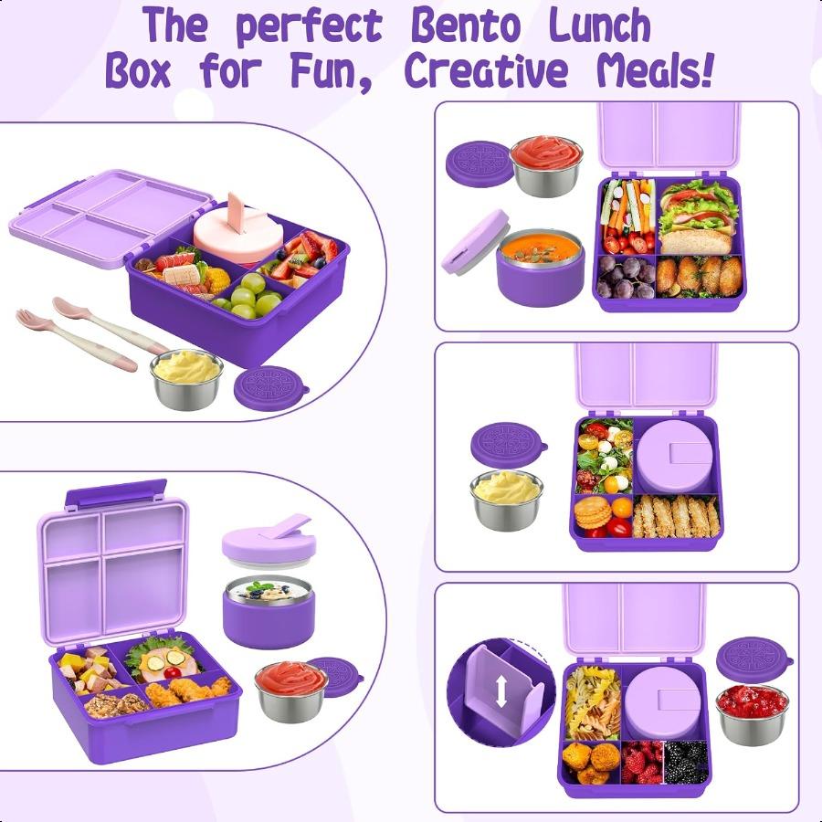 Bento Lunch Box with 8oz Soup Thermo Leakproof Lunch Food Containers with 4 Compartment Insulated Hot Food Jar with Lunch Bag f