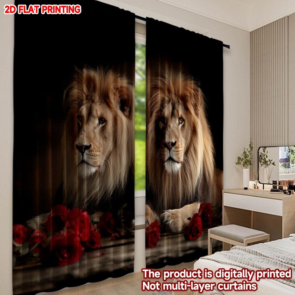 Set Of 2 Lion Red Roses Curtains Digital Printing Majestic Animal Portrait Dark Background Bedroom Living Room Decor Curtain Polyester Ideal For Great