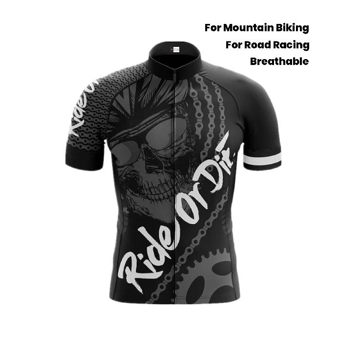 Breathable Polyester Cycling Jersey for Men - "RIDE OR DIE" Skull & Gear Design, Short Sleeve, Zip-Up, Stand Collar with Pocket Cycling Accessories