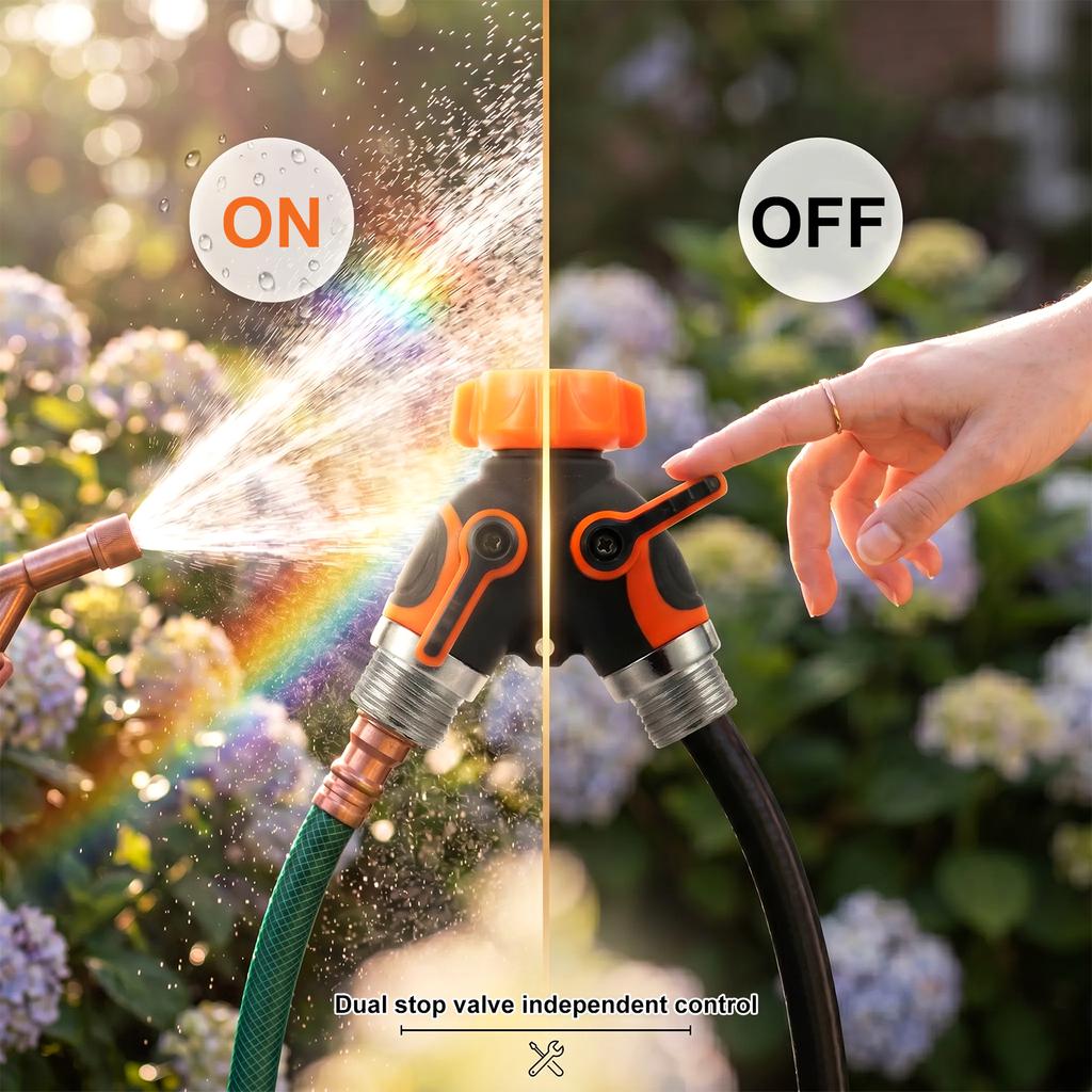 2-Wege-Schlauchverteiler Robuster Metall Y-Schlauchverteiler für den Garten mit Absperrventilen Außenwasserhahn-Adapter 3/4 Zoll GHT Wasserschlauch C