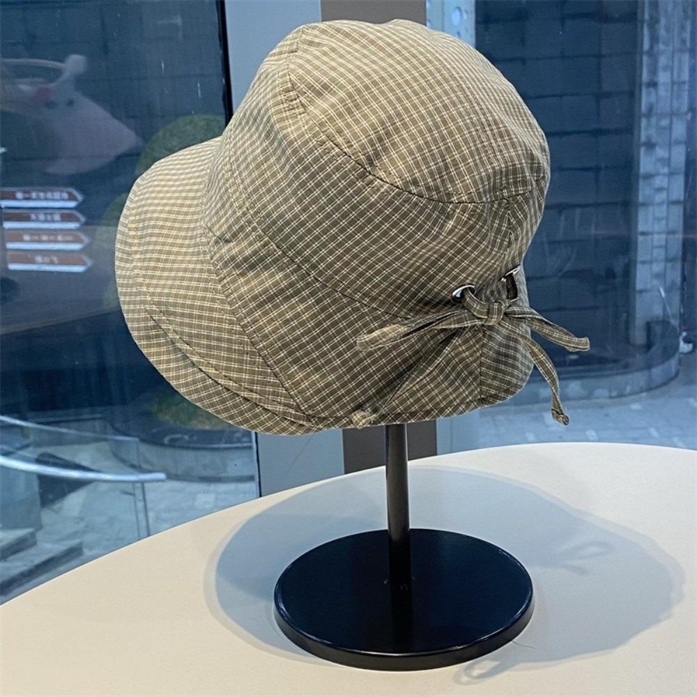 Curled Plaid Bucket Cap Quick-dry Fisherman Caps Ins Plaid Sun Hat  for Women