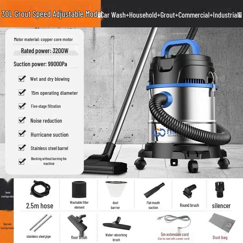 Dual-Use Wet/Dry Industrial Vacuum Cleaner for Home, Commercial, and Car Cleaning with Large Suction