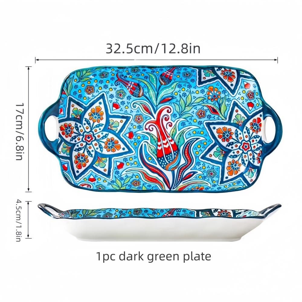 1pc Bohemian style ceramic fish dish with handle: 12.8-inch rectangular dining table tray, suitable for microwave and oven