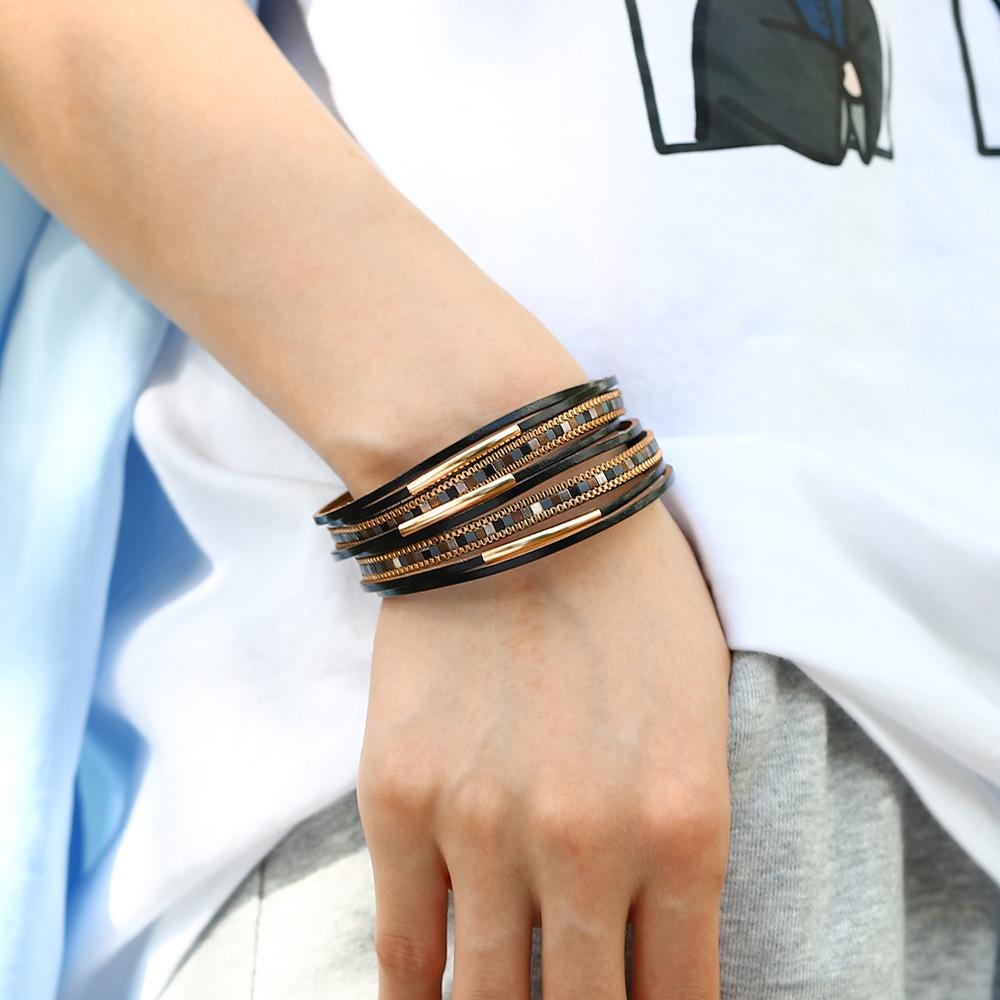 Square Leather Bracelet for Women Boho Tube Multilayer Wrap Wide Bangle Party Jewelry Accessory