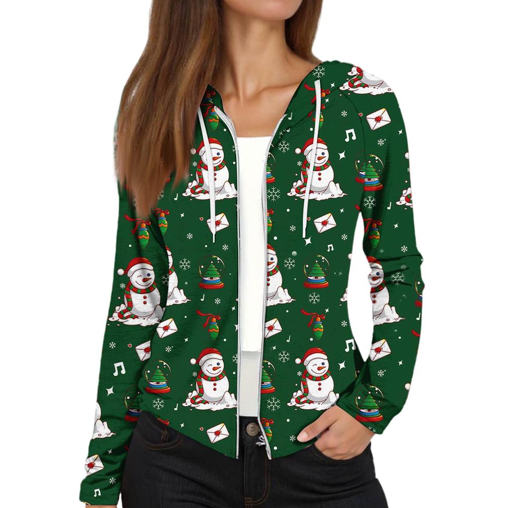 Chaqueta Casual con Capucha y Cremallera de Manga Larga con Estampado Navideño de Moda para Mujer