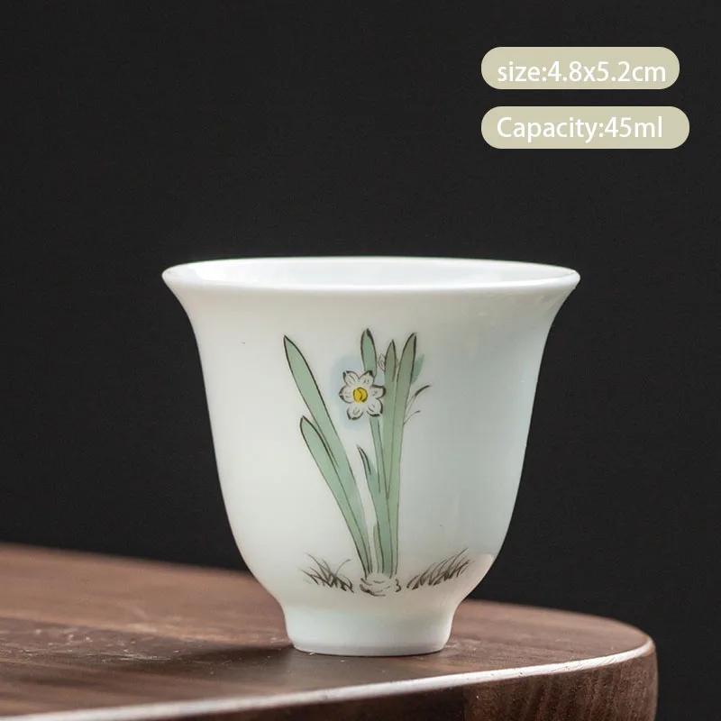 1 Pcs Chinese Handmade Ceramic Teacup Exquisite Hand-painted Flowers Tea Bowl Meditation Cup Porcelain Tea Set Master Cup