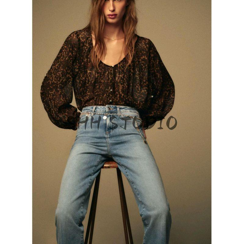 Animal Pattern Print Translucent Shirt 8792139 Animal Pattern Print Wide Leg Casual Trousers 8743148