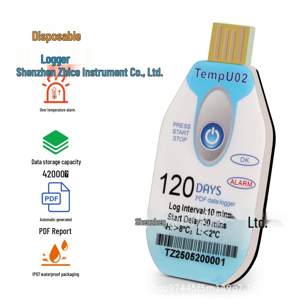 120-Day Disposable Temperature Logger for Cold Chain Transport, Refrigerated Trucks, and Medical Drug Recording with PDF Report