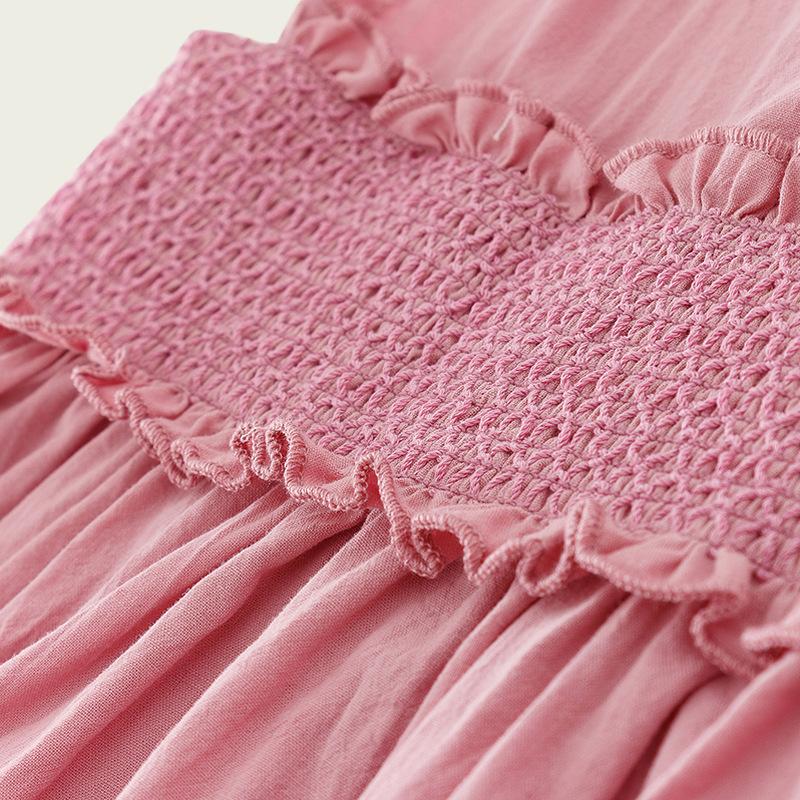 Girls Summer Solid Smocked Short Sleeve Dress Casual Children Cotton Blend A Line Sundress For Kids