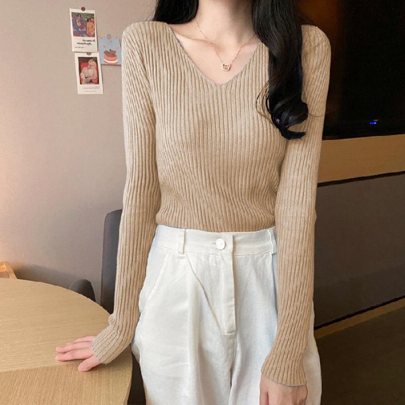 Sweater women's autumn and winter new versatile slim-fitting v-neck bottoming knitted sweater foreign style inner long-sleeved tight top