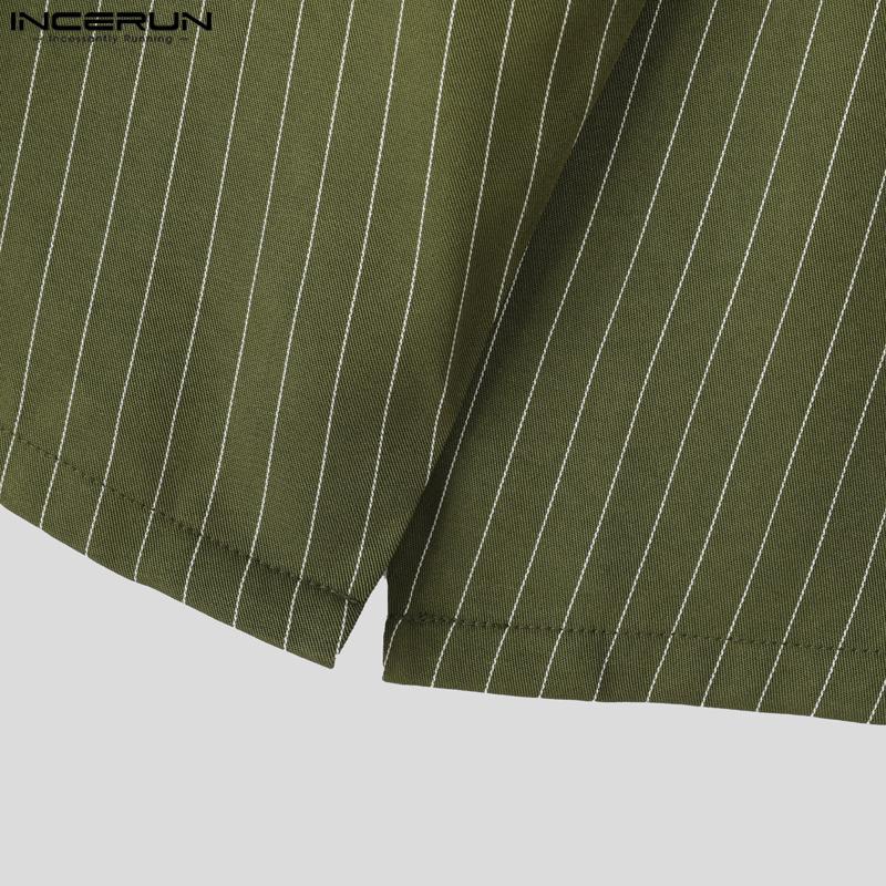 INCERUN Men Stand Neck Long Sleeve Striped Side Bandage Cropped Short Shirts