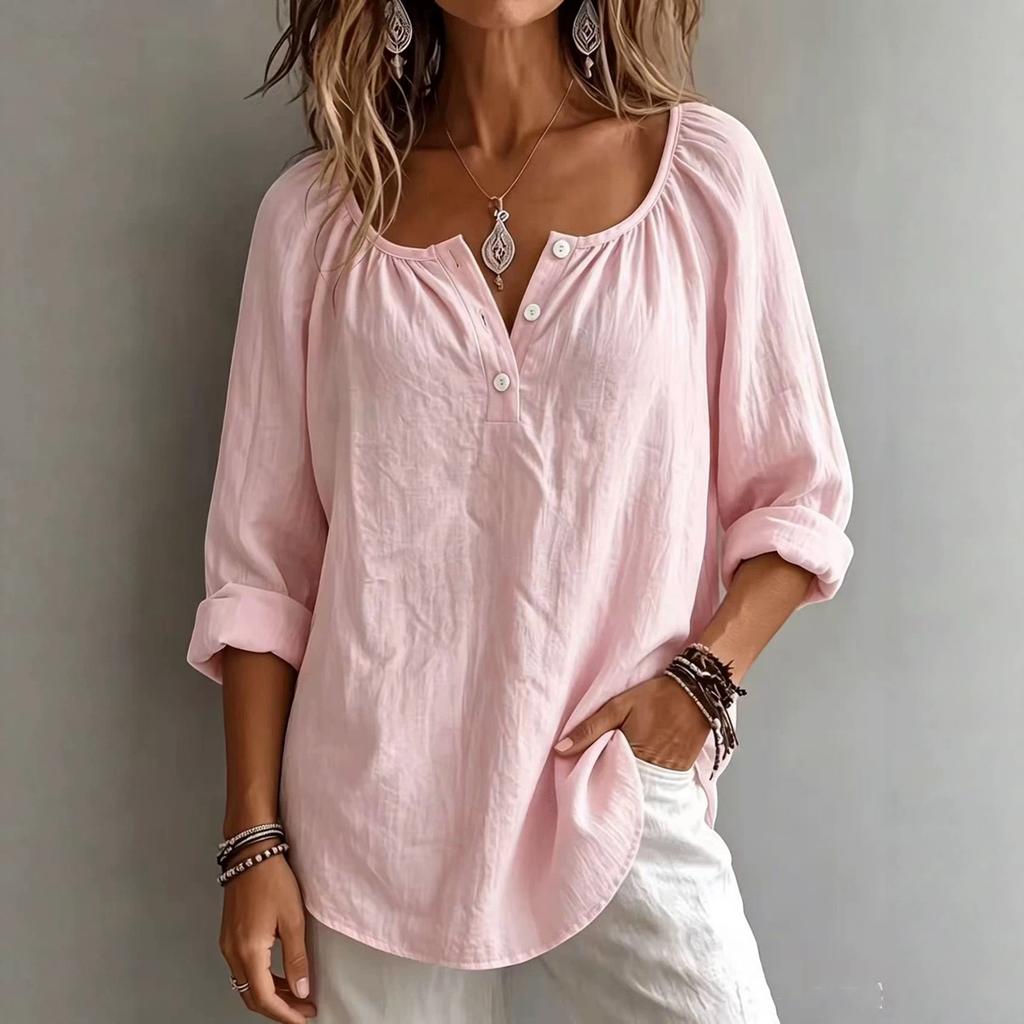 T-shirt décontracté à col en V et manches longues pour femme - Coupe ample - Pull - Haut de couleur