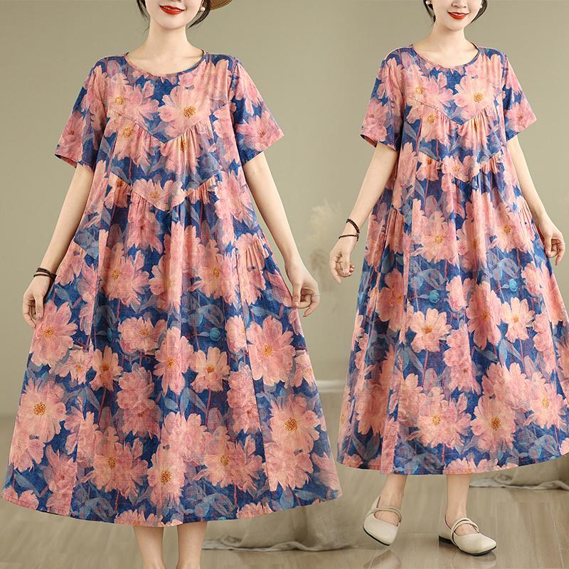 DIMANAF 2025 Women Plus Size Spring Summer Dress Casual Floral Dress Basic Vintage Loose Long Dress Maxi 9325
