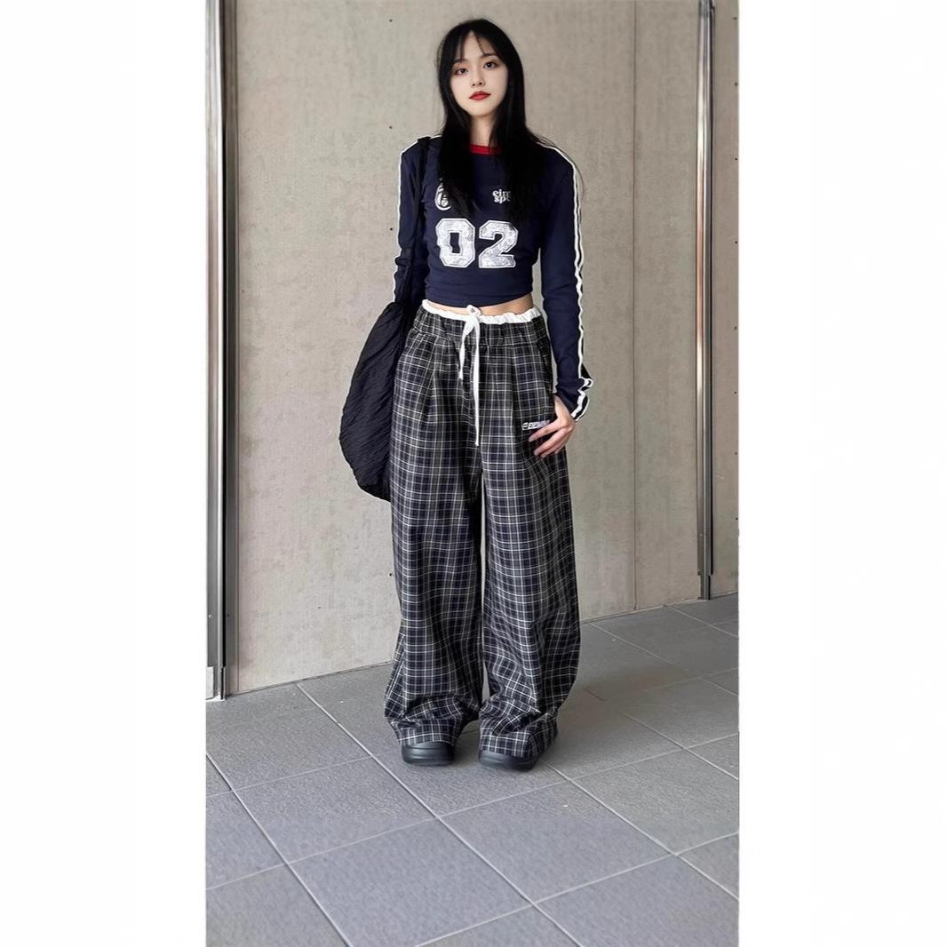

Versatile Retro Plaid Wide-Leg Elastic Waist Pants Small
