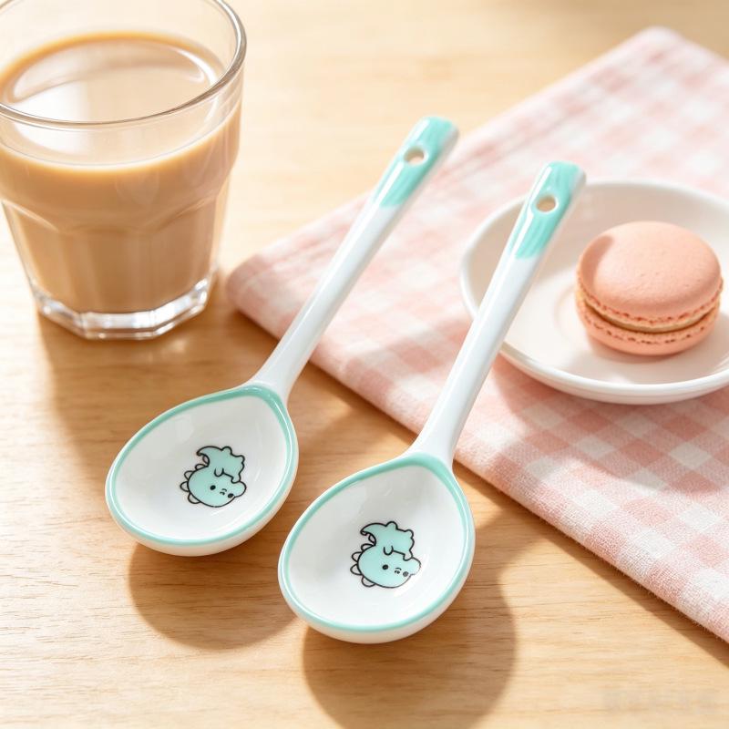 Long Handle Hand-Painted Ceramic Spoon - Cute Cartoon Design