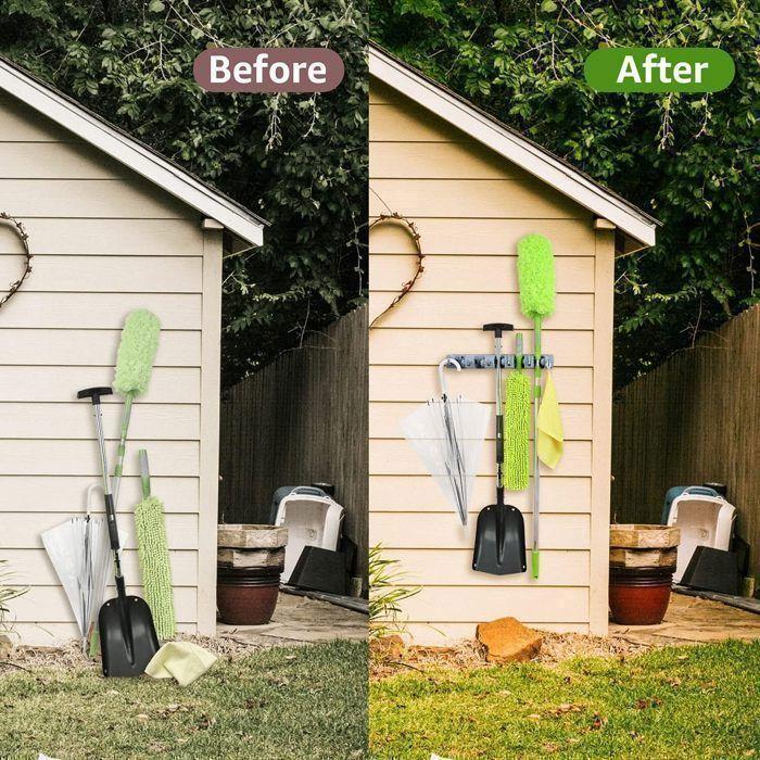 FOOTIER Wall-Mounted Broom Holder with 5 Slots and 6 Multi-Purpose Hooks, Wall-mounted Broom Holder, Wall-mounted Broom Support, Wall Hook